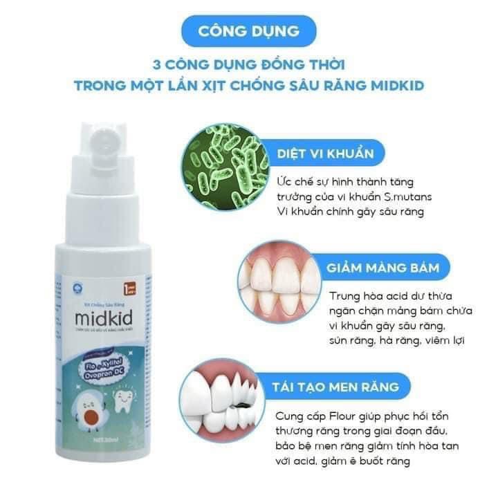 Xịt chống sâu răng midkid 30ml, bảo vệ răng, ngăn hôi miệng cho trẻ em và người lớn (dành cho bé từ 1 tuổi)