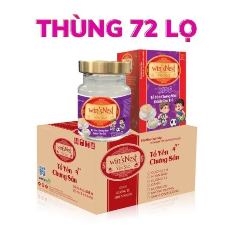 Thùng 72 lọ Yến Sào Win'snest Kids Tổ Yến Chưng Sẵn Dành Cho Trẻ 20% (70 Ml/ Lọ)