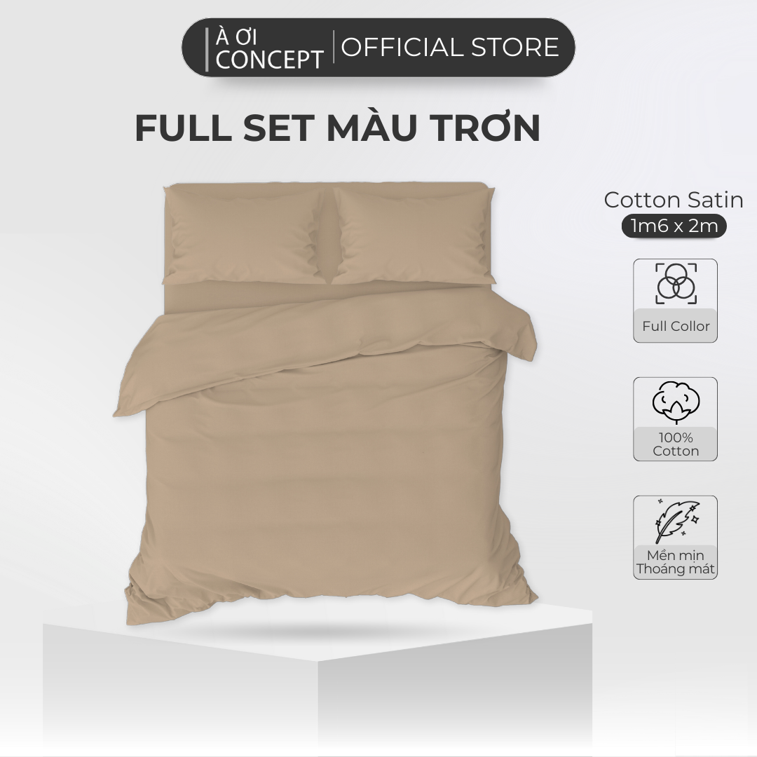 Bộ Chăn Ga Gối 5 Món Cotton Satin Size 1m6 x 2m Trơn Nhiều Màu À Ơi Concept cao cấp Hàn Quốc