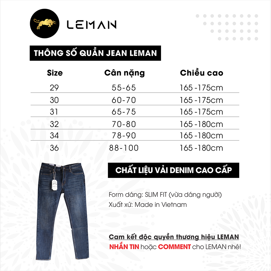 Quần Jean nam Leman xanh trơn JD04 - Slim Form