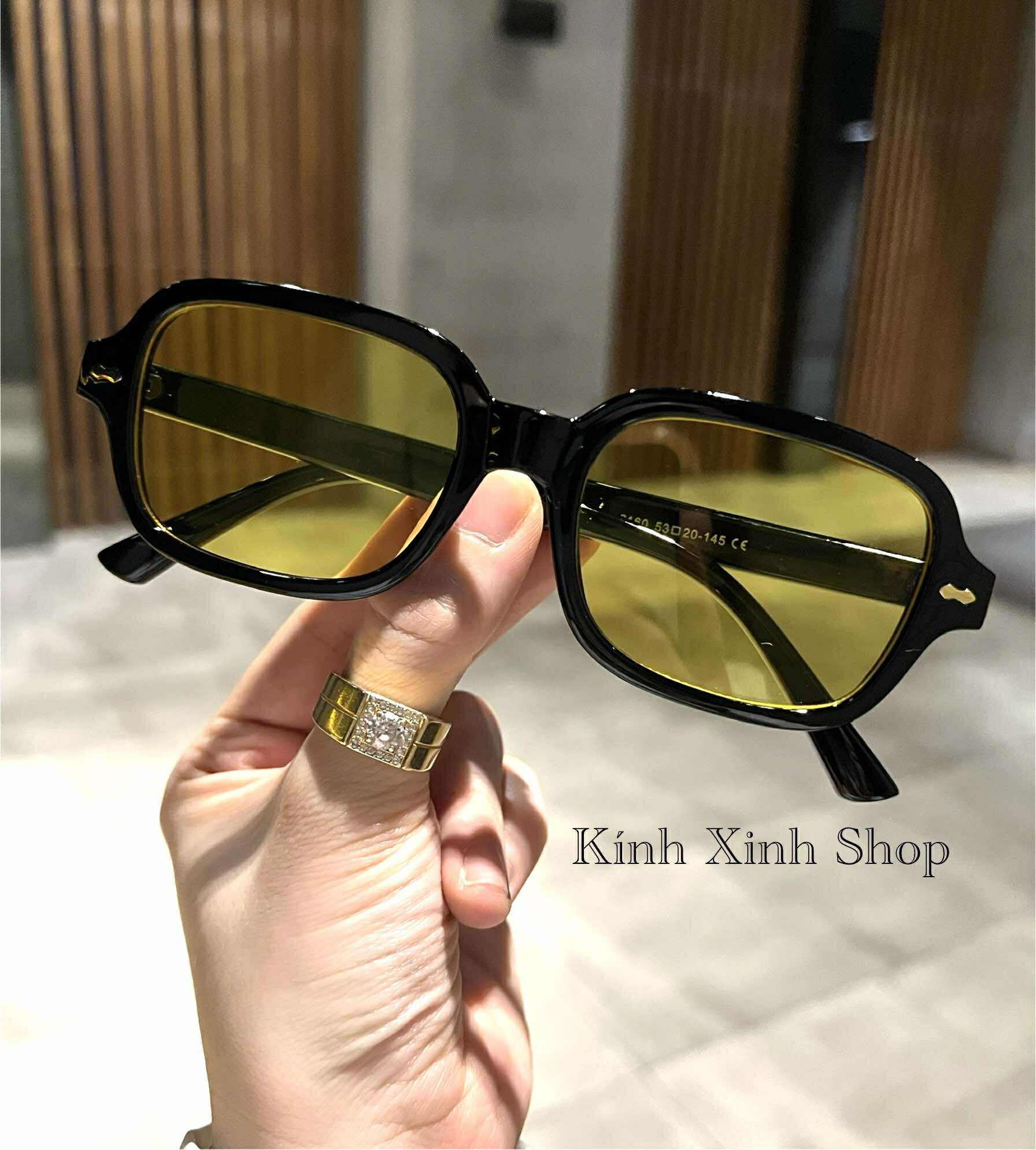 Kính râm màu vàng dáng chữ nhật gọng nhựa dáng dễ đeo không kén mặt cho nam nữ