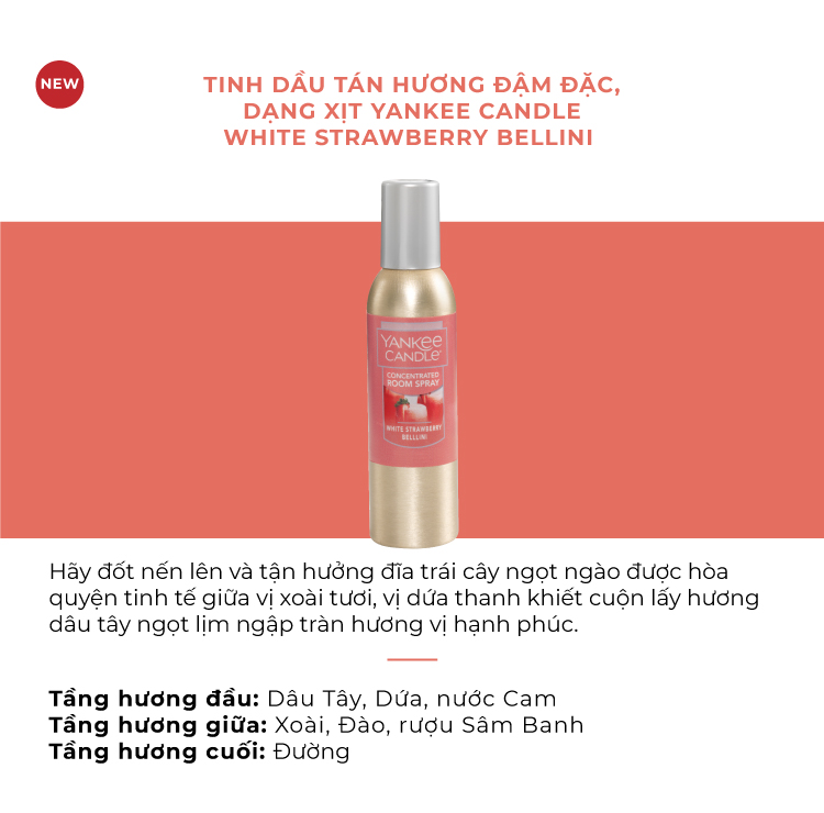 Tinh dầu tán hương đậm đặc, dạng xịt Yankee Candle - White Strawberry Bellini (42.5g)