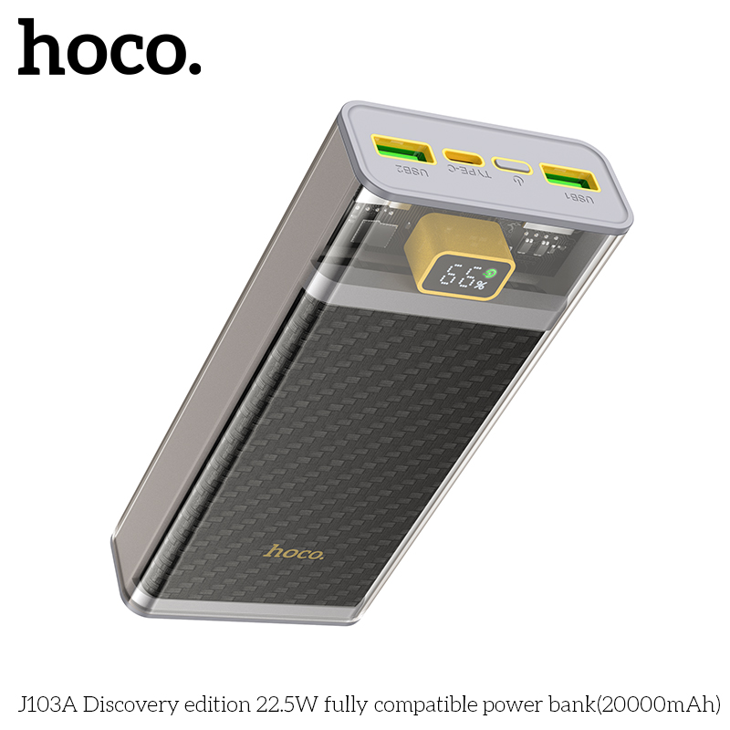 Pin sạc dự phòng Hoco J103A Discovery edition 22.5W 20000mAh với 2 cổng USB, 1 cổng Type C sạc nhanh cho nhiều thiết bị, thiết kế trong suốt, màn Led hiển thị pin - Hàng chính hãng