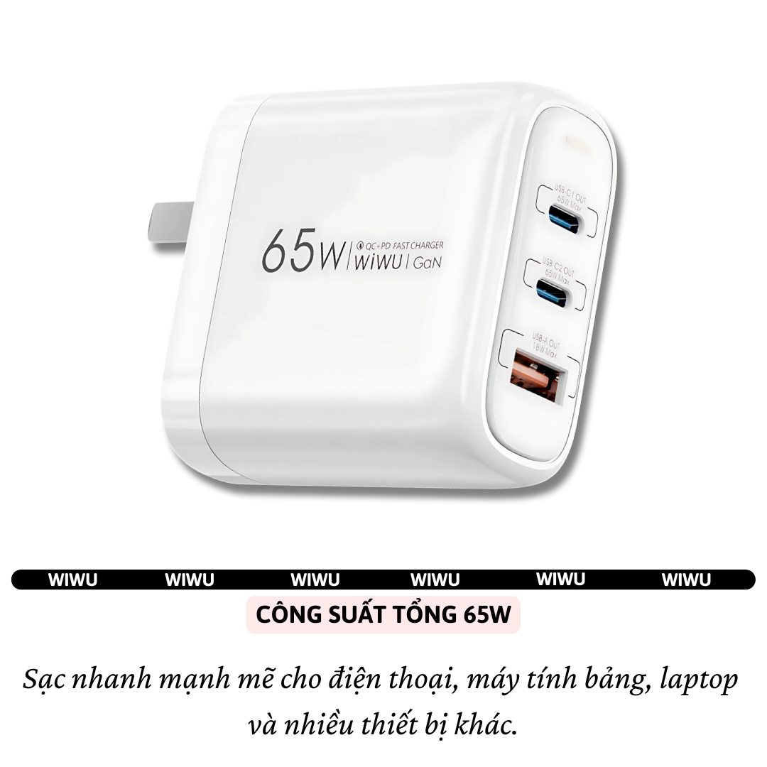 Adapter cóc củ sạc nhanh 65W 2 PD 3.0 USB C + USB-A QC3.0 hiệu WIWU ARK - PPS chống cháy, Chip AI điều chỉnh dòng sạc  cho iPhone iPad Oppo Samsung cho Macbook, Laptop - Hàng nhập khẩu