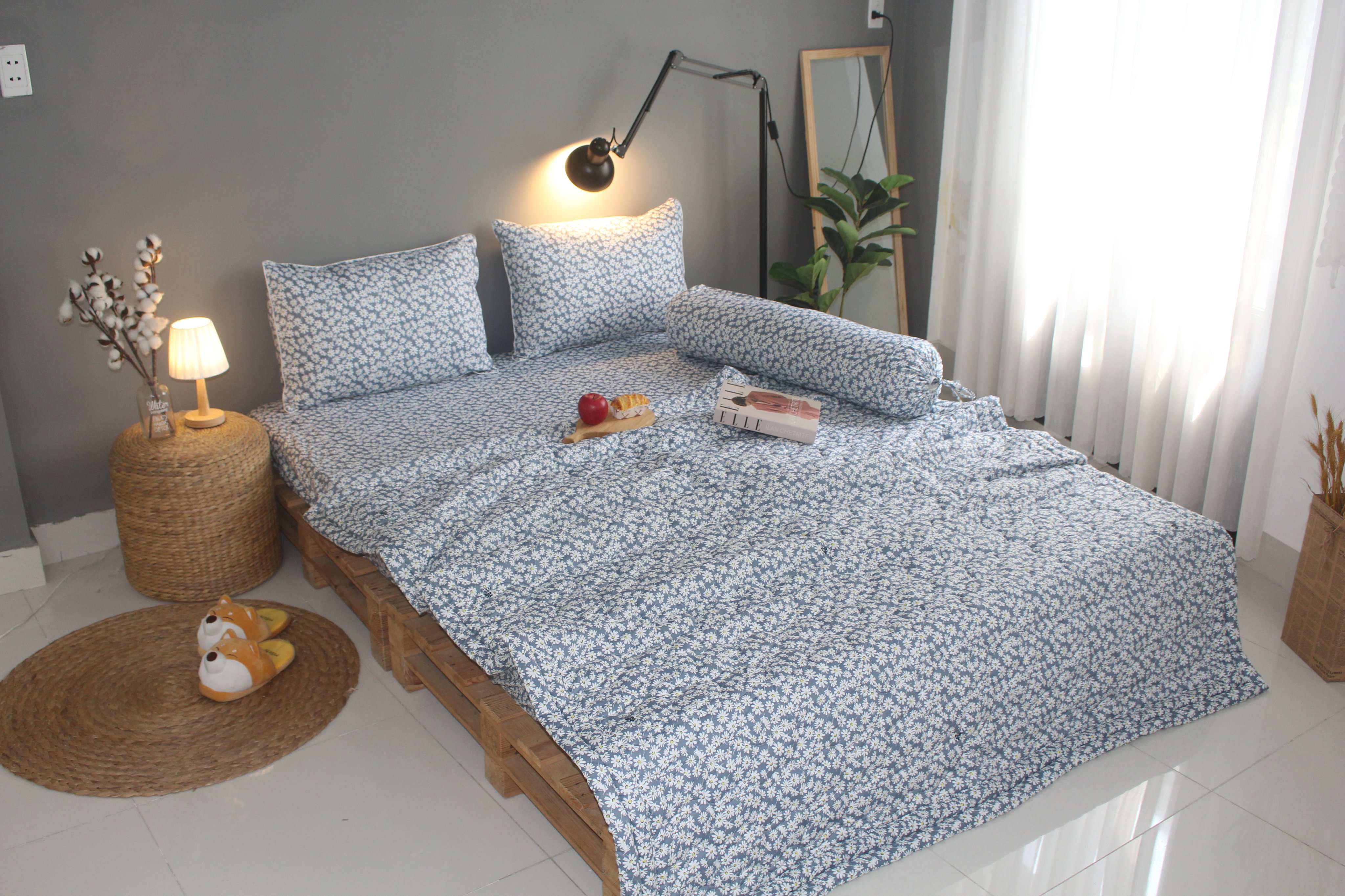 Bộ drap gối KHA LY - 100% cotton thiên nhiên - VN322 Cúc Họa Mi Xám Nhạt Vải dày dặn mát mẻ siêu thấm mồ hôi
