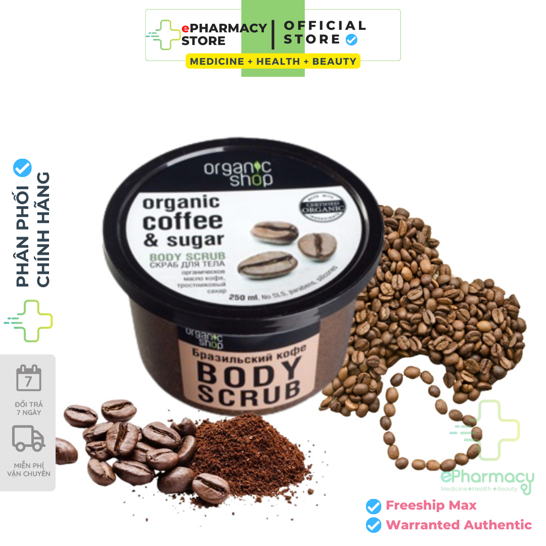 Scrub Organic Coffee &amp; Sugar Body 0RGANIC SHOP Tẩy tế bào chết giảm mụn lưng, mụn toàn thân 250ml