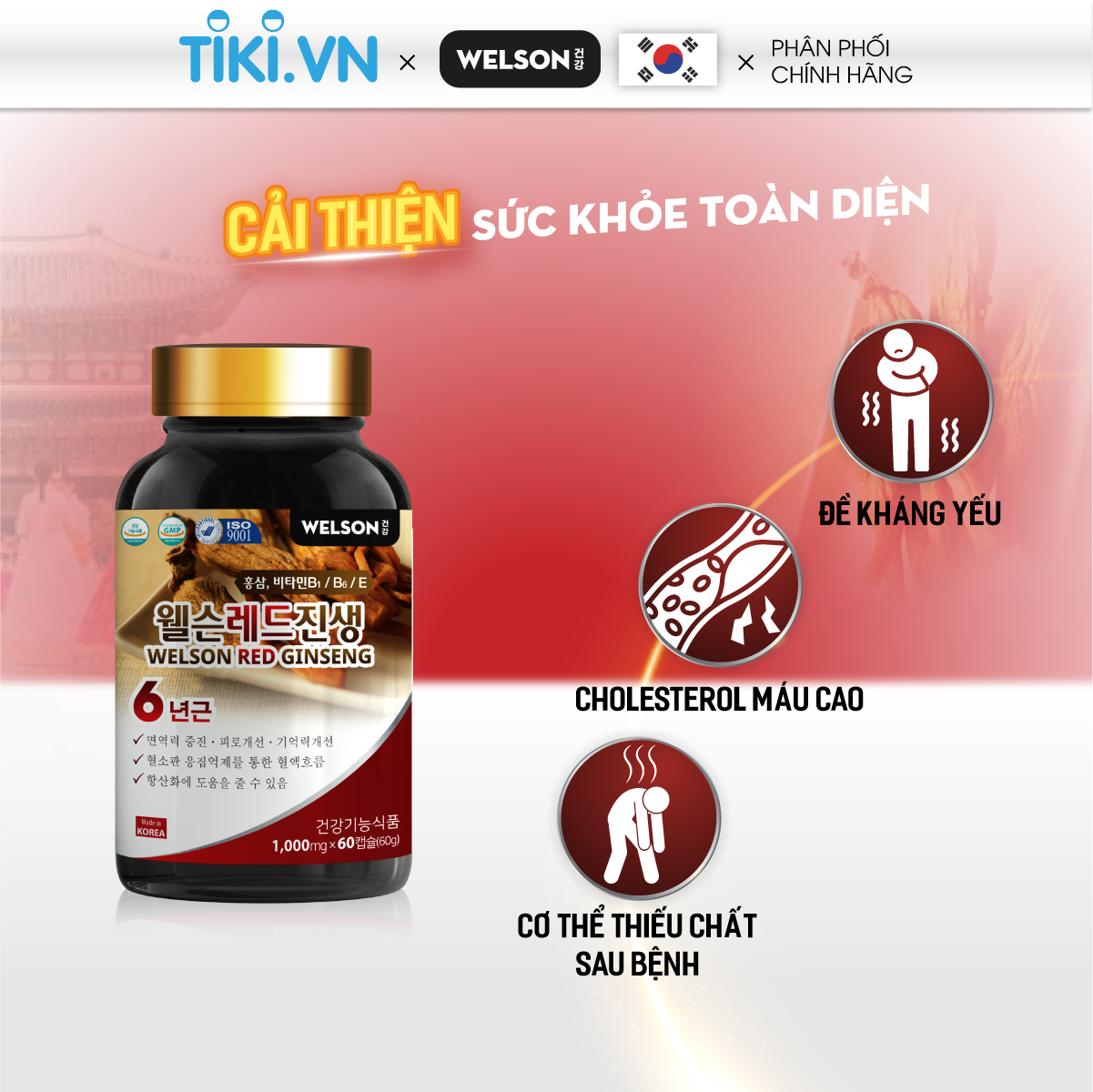 Hồng sâm hàn quốc và đông trùng hạ thảo tăng sức đề kháng Welson Red Ginseng hộp 60 viên