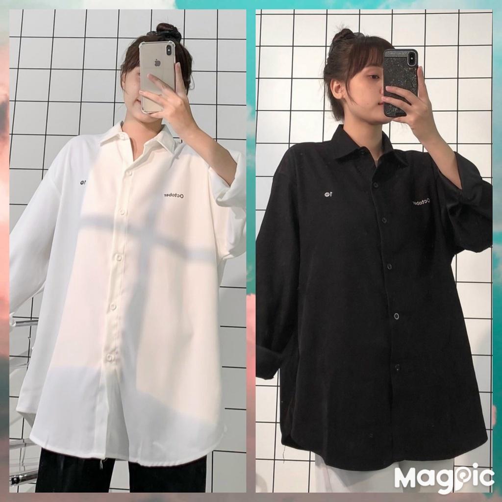 Áo sơ mi nữ form rộng Thêu YOYO 2 màu đen trắng phong cách Hàn Quốc mùa thu