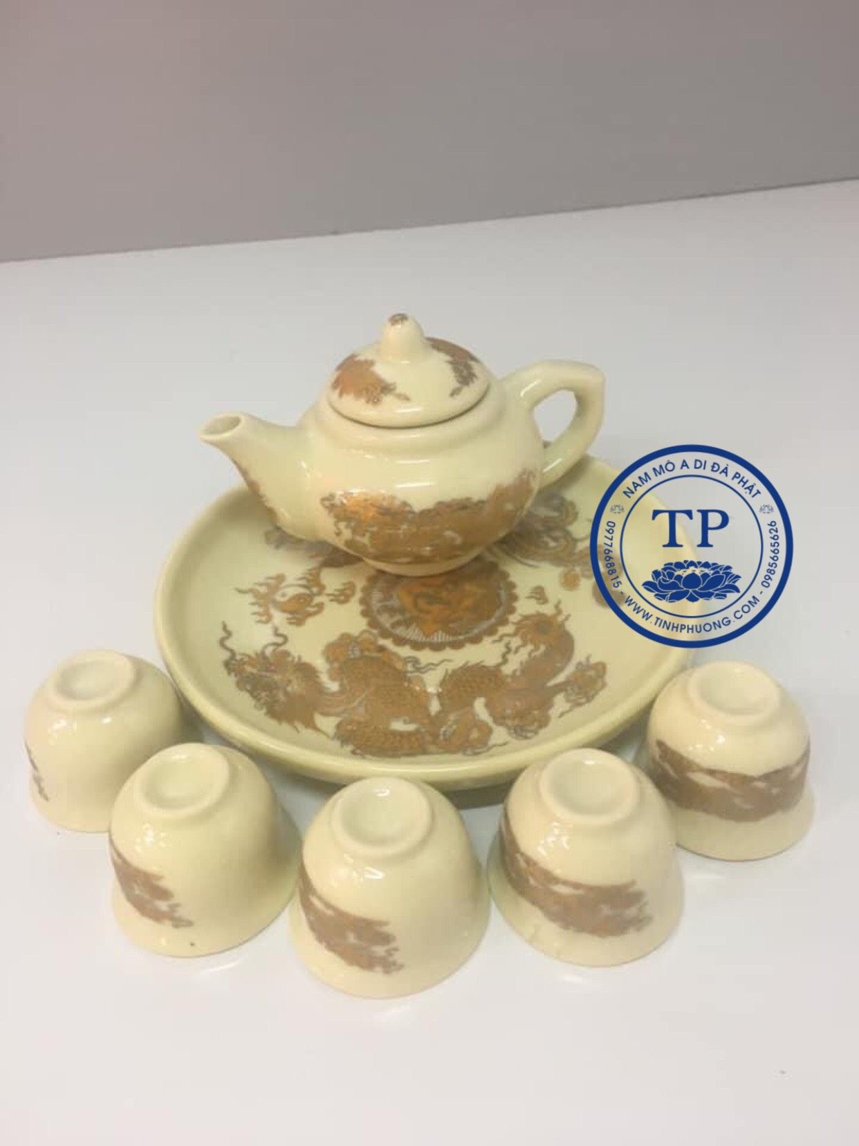 Bộ Ấm 5 ly cúng trà thần tài, cúng ban gia tiên bằng sứ rồng vàng BH10126