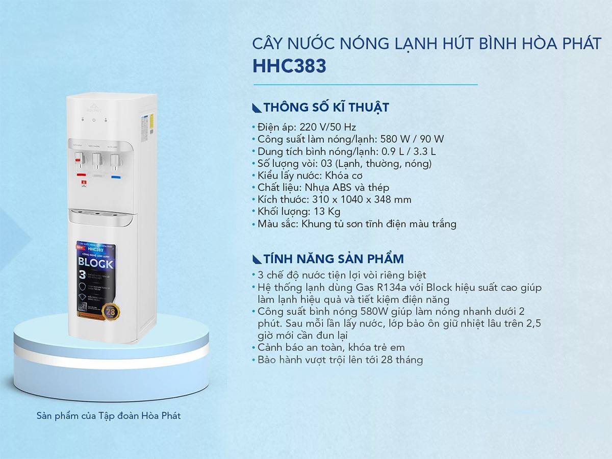 Cây nước nóng lạnh hút bình Hòa Phát HHC383 - Làm lạnh bằng Block - Hàng Chính Hãng