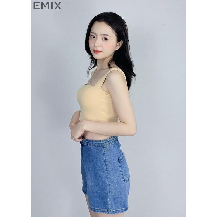 Áo croptop nữ 2 dây bản to EMIX (4 màu), dáng ngắn, cổ vuông, có mút lót, vải cotton co giãn, thấm hút tốt 6045