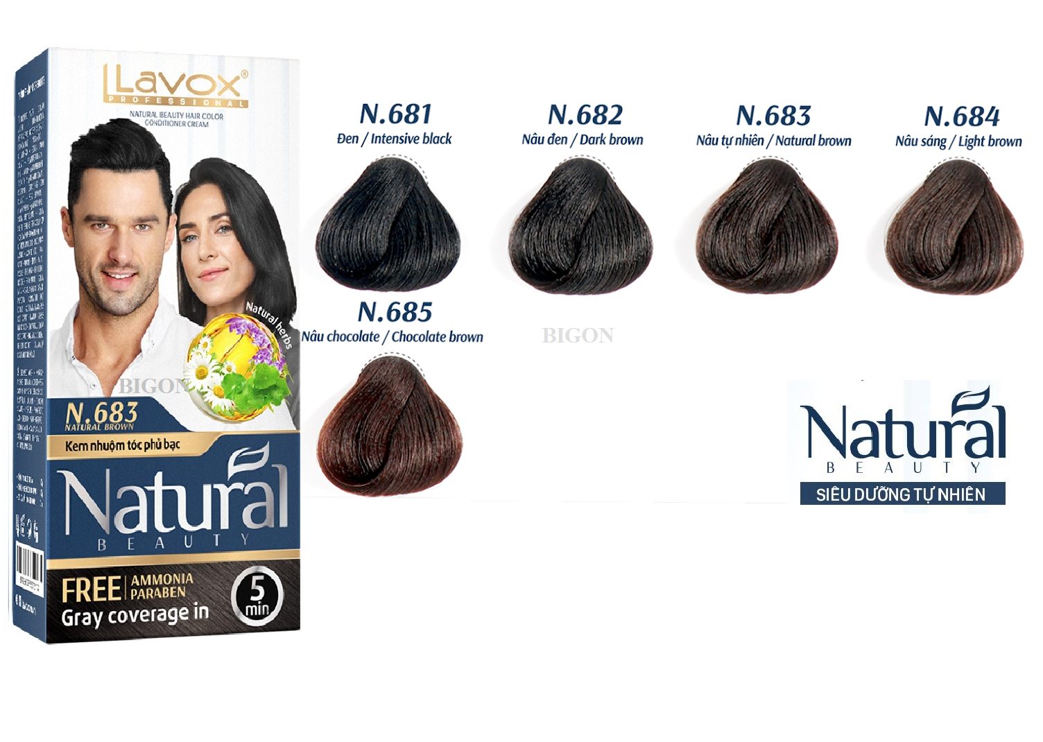 (Nâu Tự Nhiên) Kem Nhuộm Phủ Bạc Cao Cấp Siêu Dưỡng, Tự Nhiên Lavox N.683 - Natural Brown