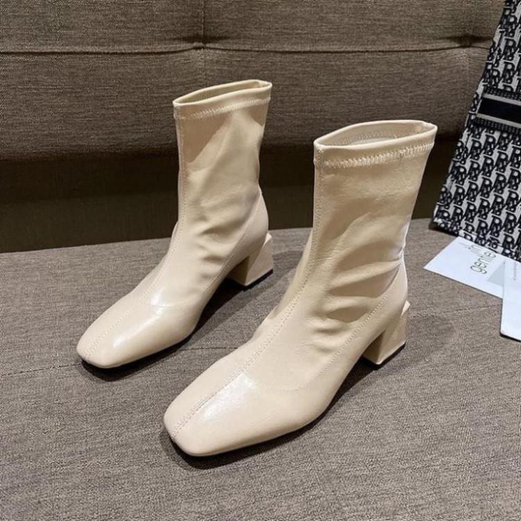 Giày Bốt Nữ Da Đế Cao - Boots Nữ Cao Gót 5p 5 Phân Màu Đen Kem Thời Trang Hàn Quốc Đi Làm Đi Học Quyến Rũ