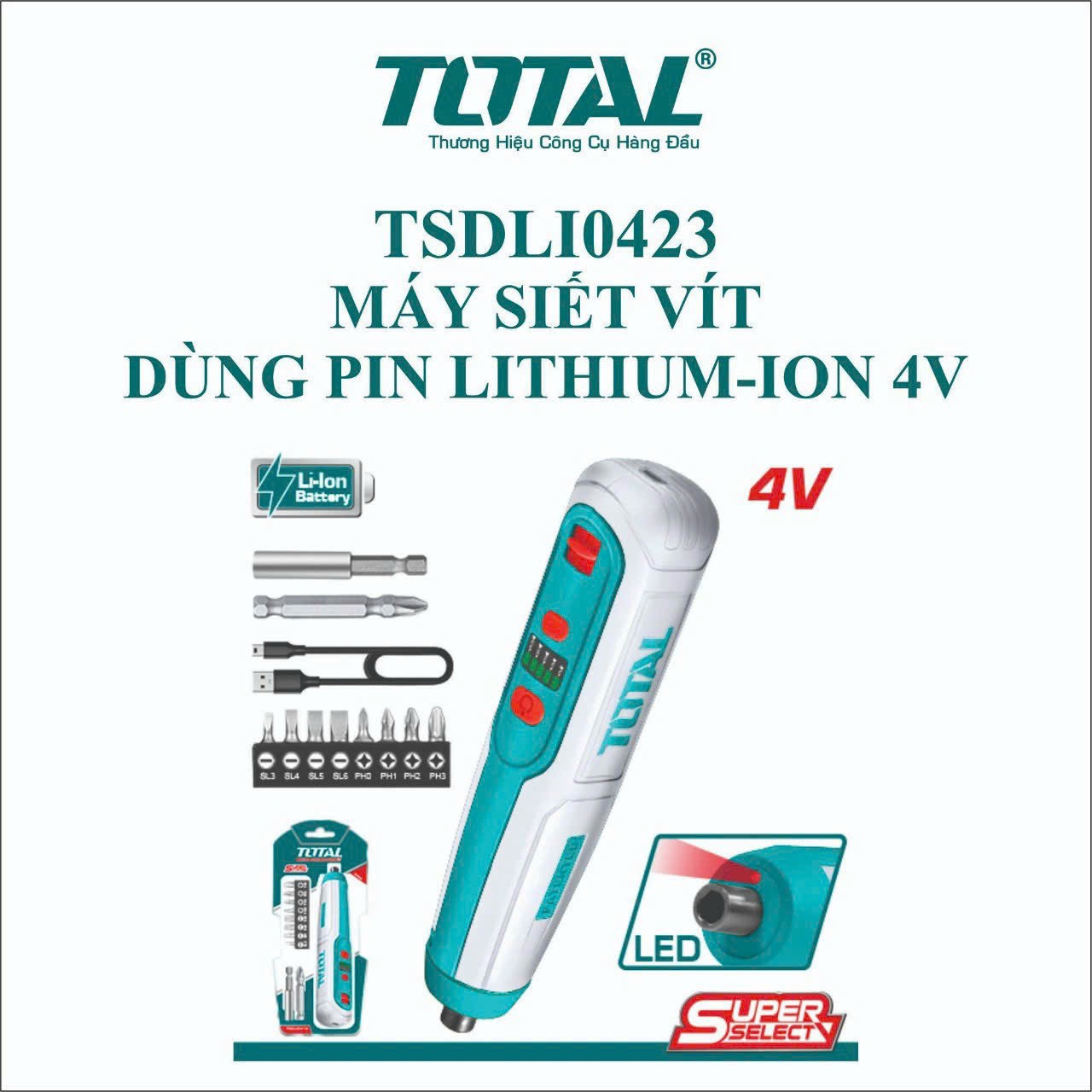 Máy siết vít  dùng pin  Lithium-ion  4V TOTAL TSDLI0423