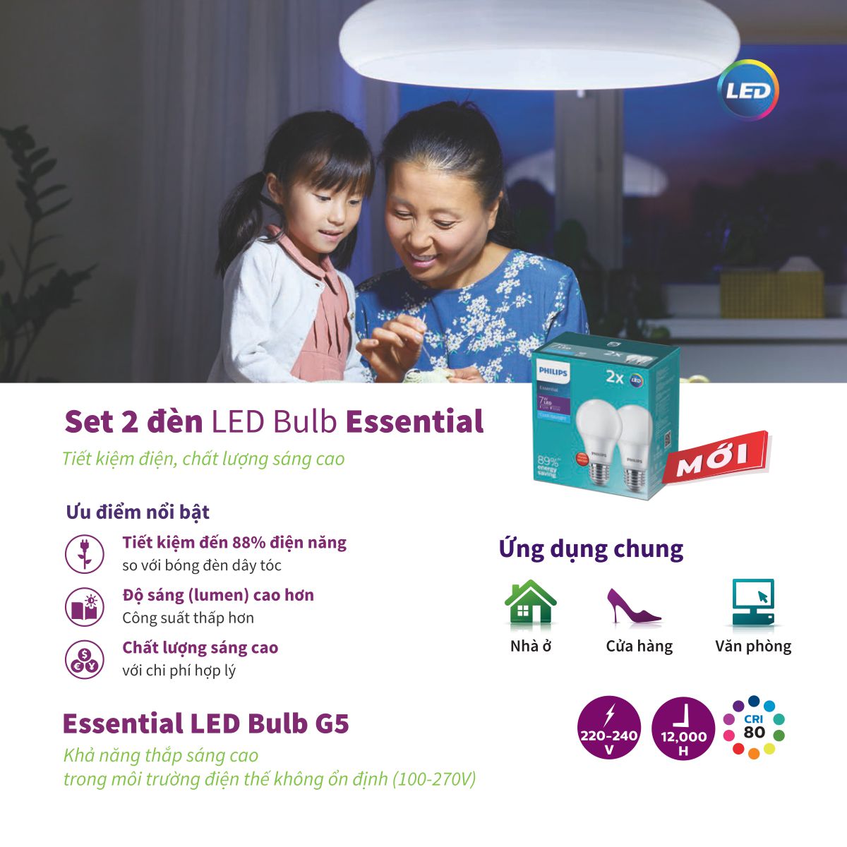 Bộ 2 bóng đèn LED Bulb PHILIPS Essential E27 - Tiết kiệm điện, Ánh sáng chất lượng cao - Hàng Chính Hãng