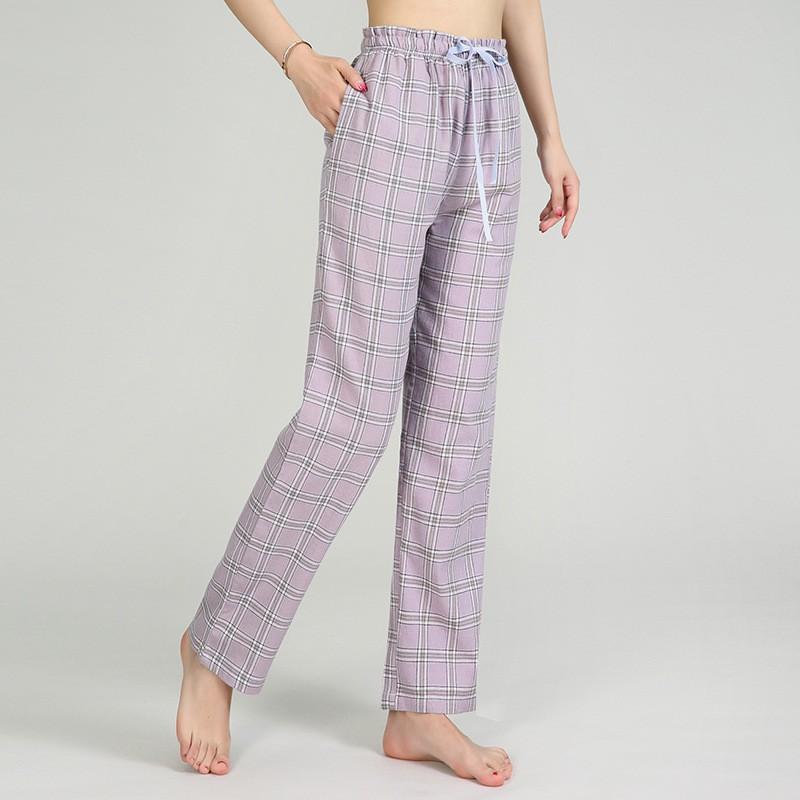 Quần nữ mặc nhà cotton dáng suông tím nhạt kẻ