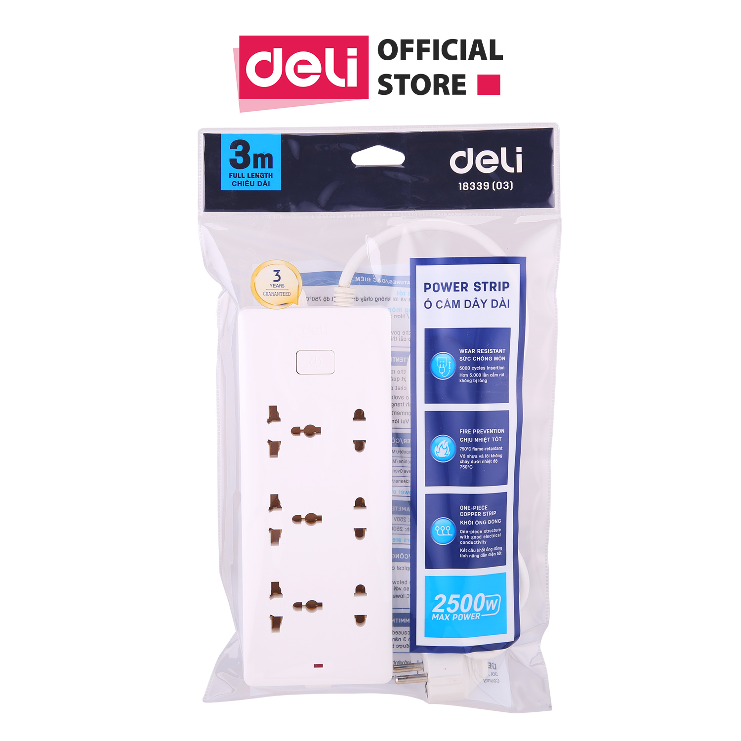 Ổ Cắm Điện Deli - Dây 2M/3M/5M - 1 Chiếc - E18339-02/E18339-03/E18339-05