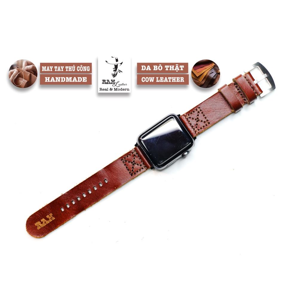 Dây đồng hồ da bò nâu đỏ RAM simple X handmade bền chắc - chính hãng RAM