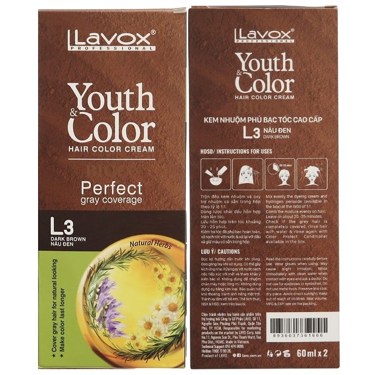 (Nâu Đen) Kem Nhuộm Dưỡng Tóc Phủ Bạc Lavox Youth&amp;Color L3 - Màu Nâu Đen