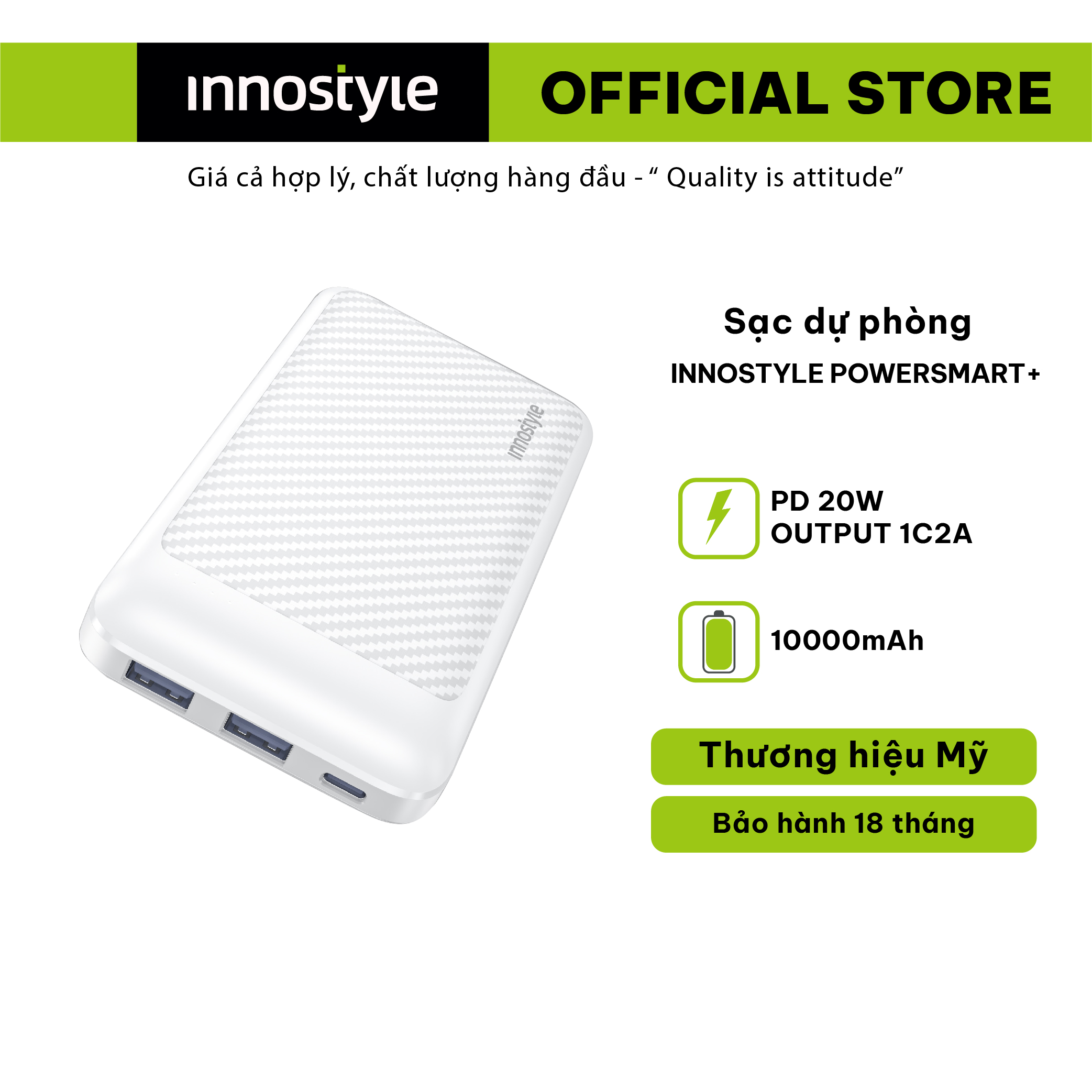 Pin sạc dự phòng Innostyle powersmart+ PD 20W 10000mAh output 1C2A - Công suất 20W, dung lượng cao, hàng chính hãng