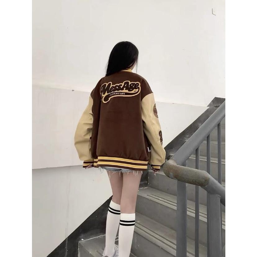 (Hàng sẵn)Áo bomber Unisex Vải dạ tay phối tay da pu họa tiết thêu xù 2 màu hót DT112