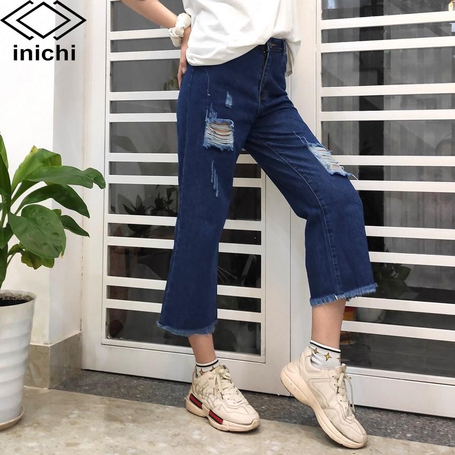 Quần baggy jean nữ Q682 xanh đậm cạp cao rách gối INICHI