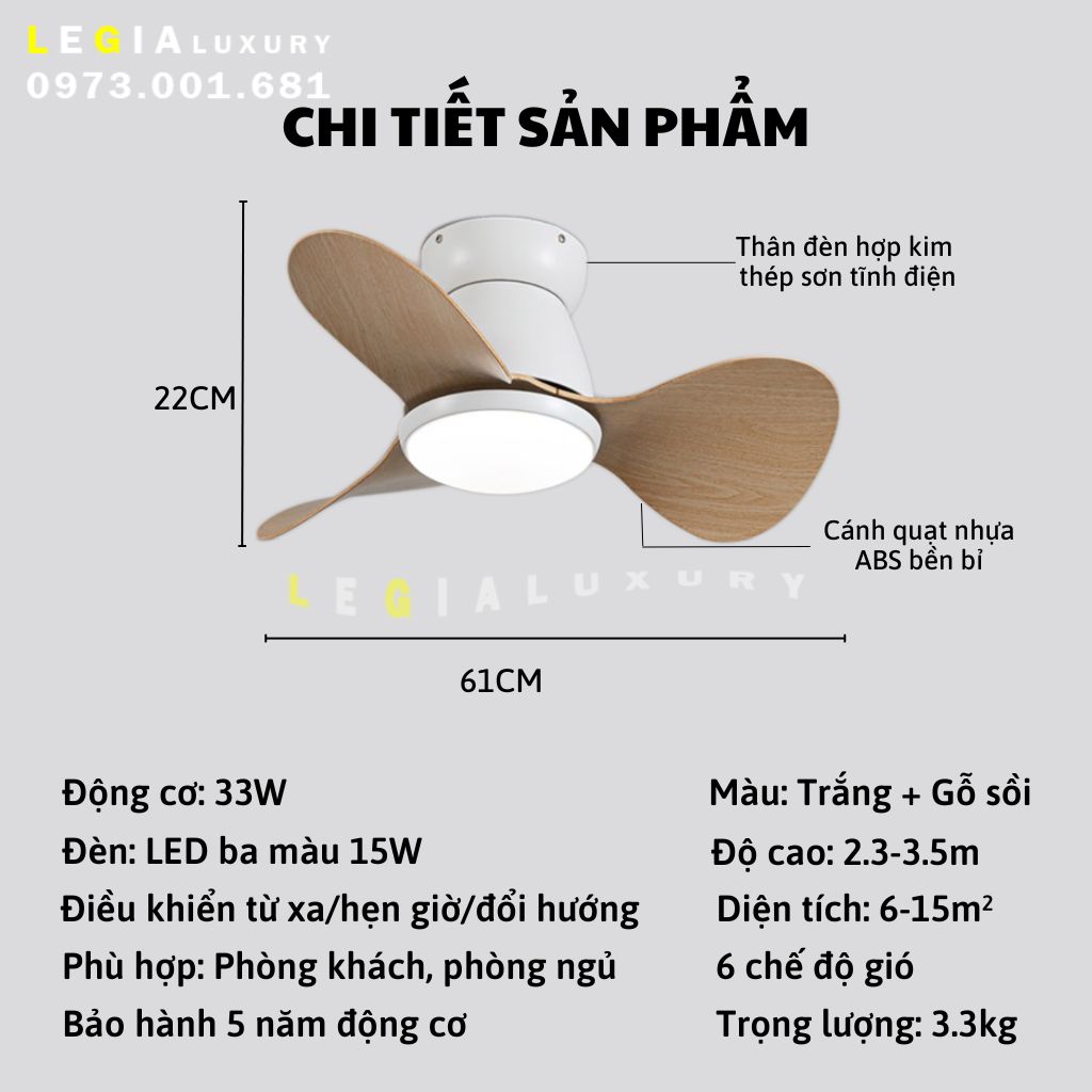 Quạt Trần Mini Cổ Ngắn Phong Cách Indochine LÊ GIA LGFAN730G - Chiều Cao 22cm - Sải Cánh 61cm - Bảo Hành 5 Năm