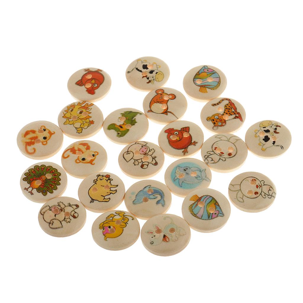 100pcs 15mm Animal Printed 2-Hole Flat Buttons Wood Button for Sewing Craft