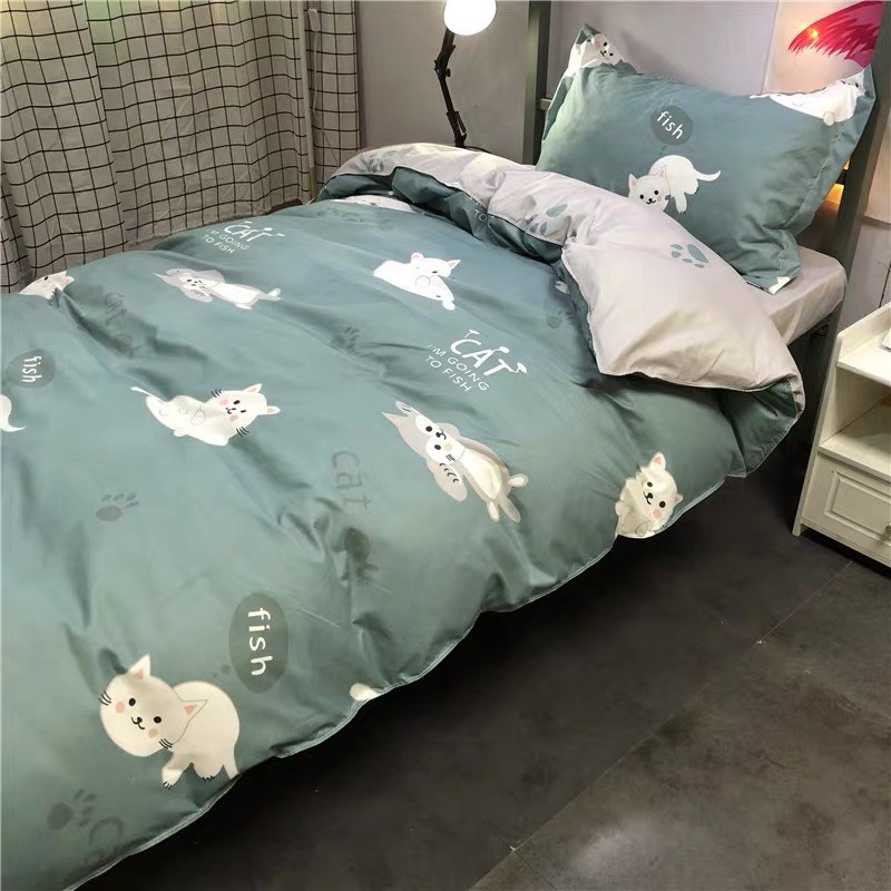 Bộ chăn ga gối cotton LIDACO PL1 - Mèo Béo Xanh