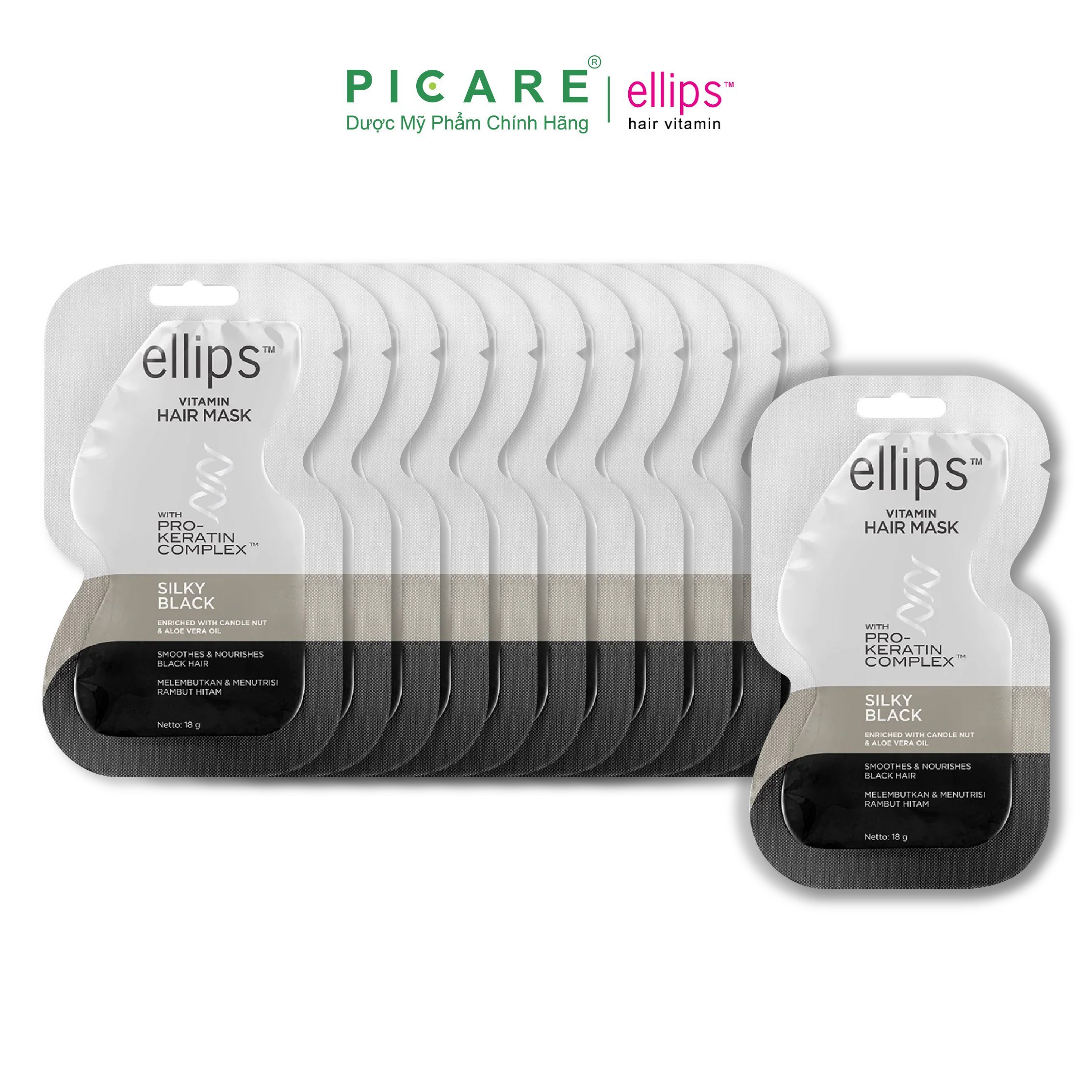 [HỘP 12 GÓI] Kem ủ tóc giúp phục hồi tóc hư tổn Ellips Vitamin Hair Mask Pro Keratin Silky Black 18g