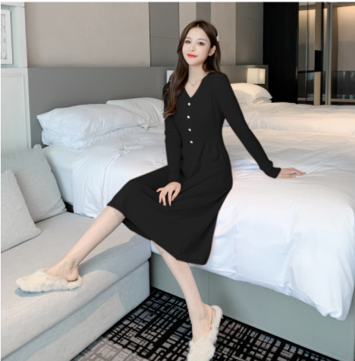 Váy len gân cổ tym basic Đầm len dáng suông chất len dày dặn AH77
