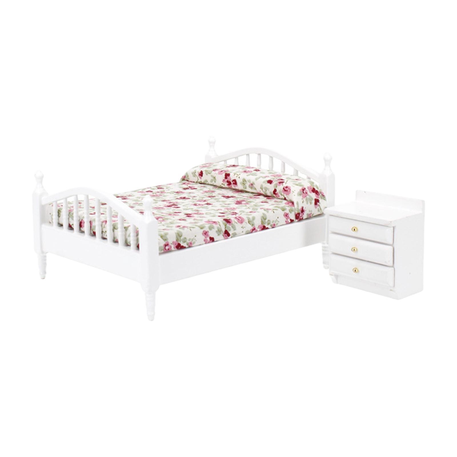 1:12 Scale Miniature Dollhouse Bed with Bed Cabinet Dollhouse Decoration