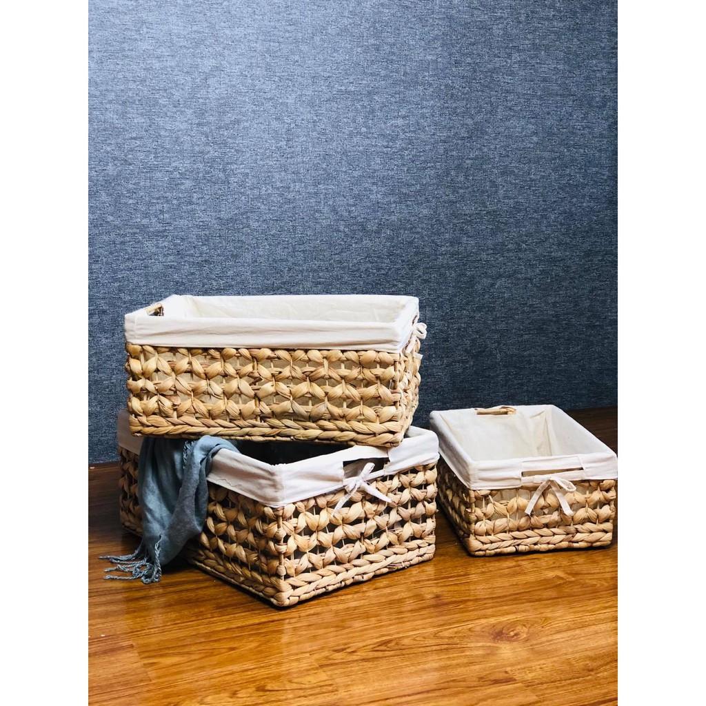 Hộp lục bình, sọt lục bình để đồ, decor trang trí nhà cửa, giỏ bèo đựng đồ kèm vải lót sang trọng