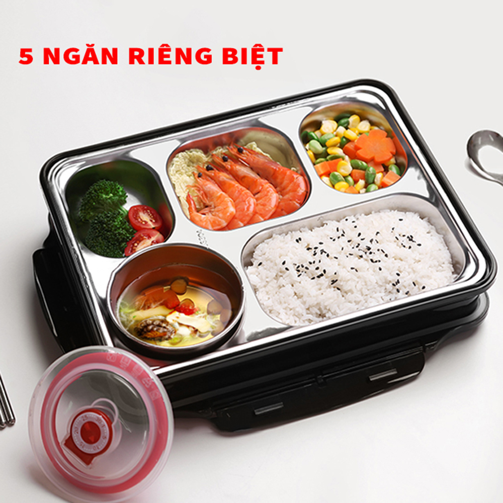 Hình ảnh Hộp Cơm Văn Phòng 5 Ngăn inox 304 giữ nhiệt, nắp đậy có khe đựng điện thoại, tặng kèm thìa và đũa inox - màu ngẫu nhiên