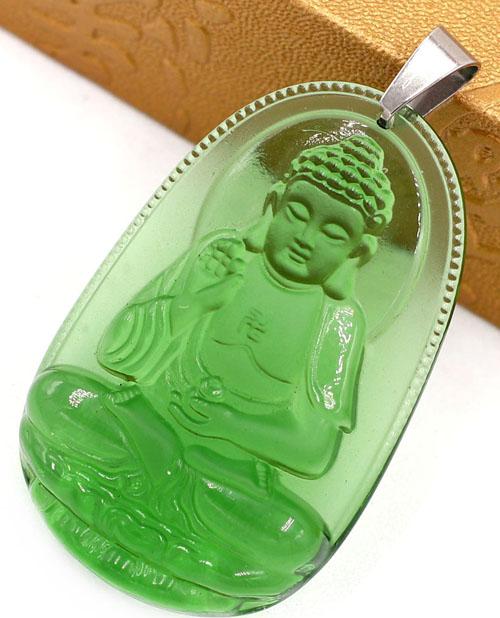 Vòng cổ dây cao su đen mặt Phật A Di Đà pha lê xanh lá 5cm DEFNXL7 - Phật bản mệnh tuổi Tuất, Hợi - Mặt size lớn