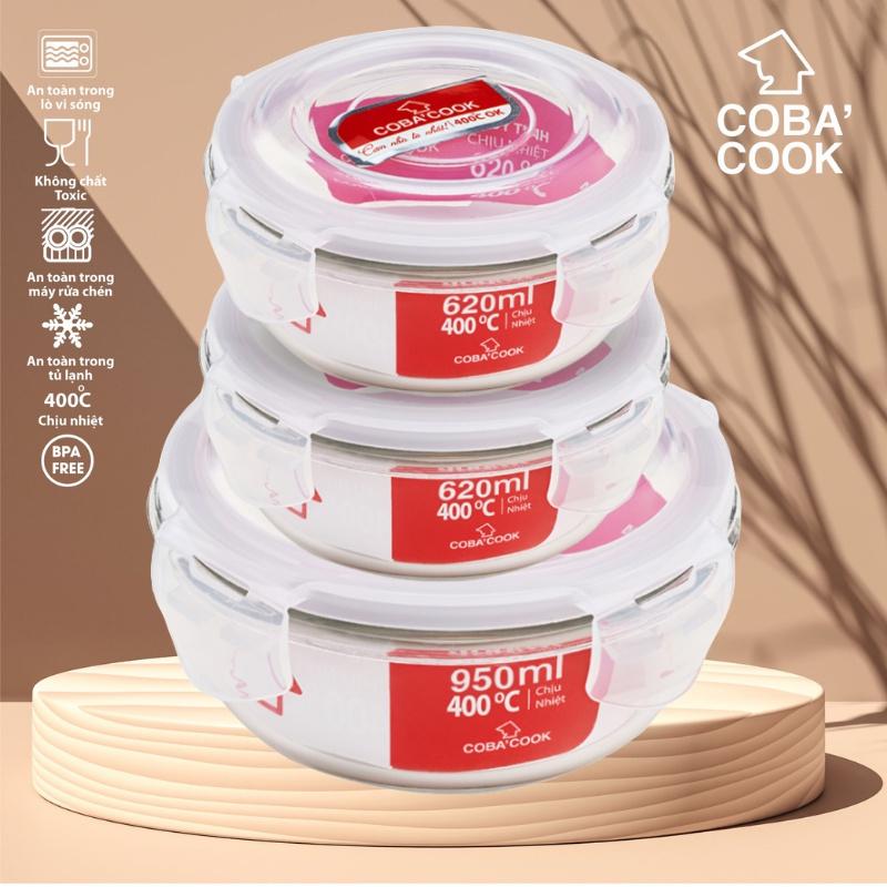 Bộ 3 hộp thủy tinh COBA'COOK trữ thực phẩm hình tròn chịu nhiệt 1 hộp 950ml 2 hộp 620ml COBA'COOK - CCR9R63