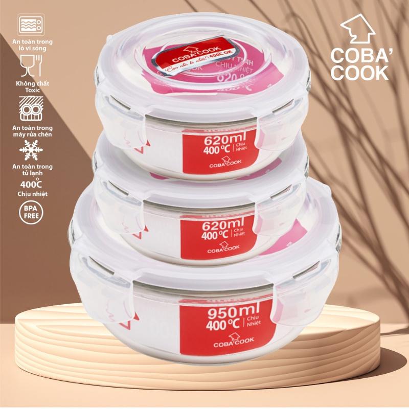 Bộ 3 hộp thủy tinh COBA'COOK  trữ thực phẩm hình tròn chịu nhiệt 1 hộp 950ml 2 hộp 620ml COBA'COOK - CCR9R63