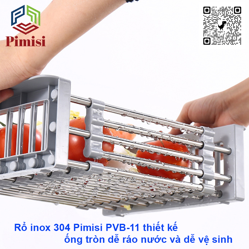 Kệ Inox Gác Bồn Rửa Chén Pimisi PRR-11 Với Tay Cầm Bằng Nhựa Và Khay Inox 304 Thiết Kế Hình Chữ Nhật, Góc Vuông Được Bo Tròn Và Rổ Kéo Điều Chỉnh Độ Dài Co Giản Để Úp Bát Đĩa - Rau Củ Quả Phù Hợp Với Nhiều Chậu Rửa Bát Trong Nhà Bếp | Hàng Chính Hãng