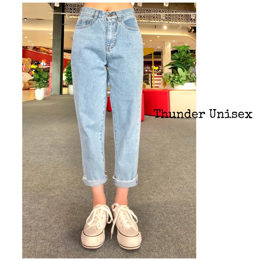 Quần Jean Nữ Dáng Baggy Thunder Unisex Cạp Lưng Cao Trơn, Ống Xuông, Rộng, Ulzzang Hàn Quốc, Co giãn