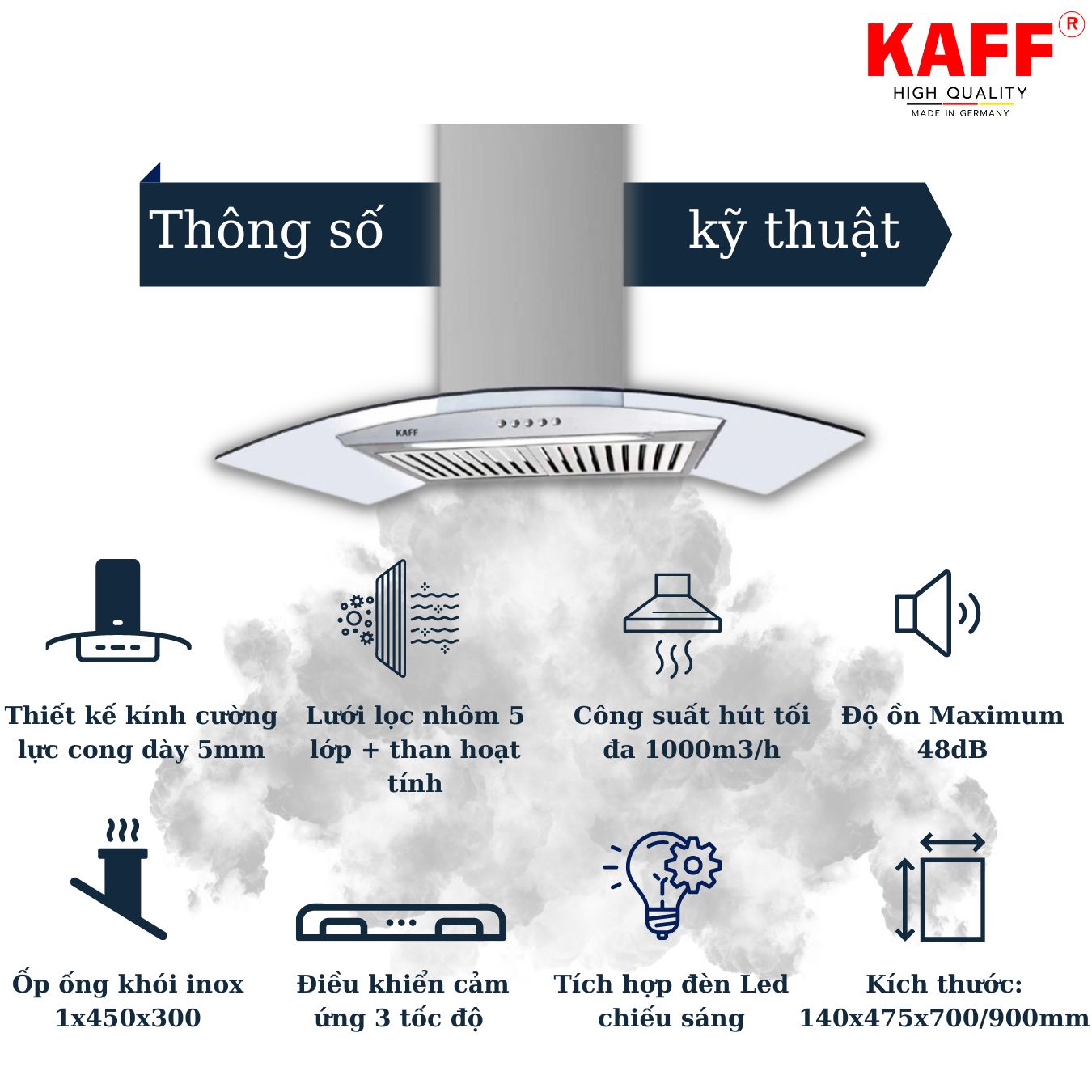 Máy hút mùi kính cong 700mm KAFF KF_GB783N Tặng bộ lọc than thay thế _ Hàng Chính Hãng