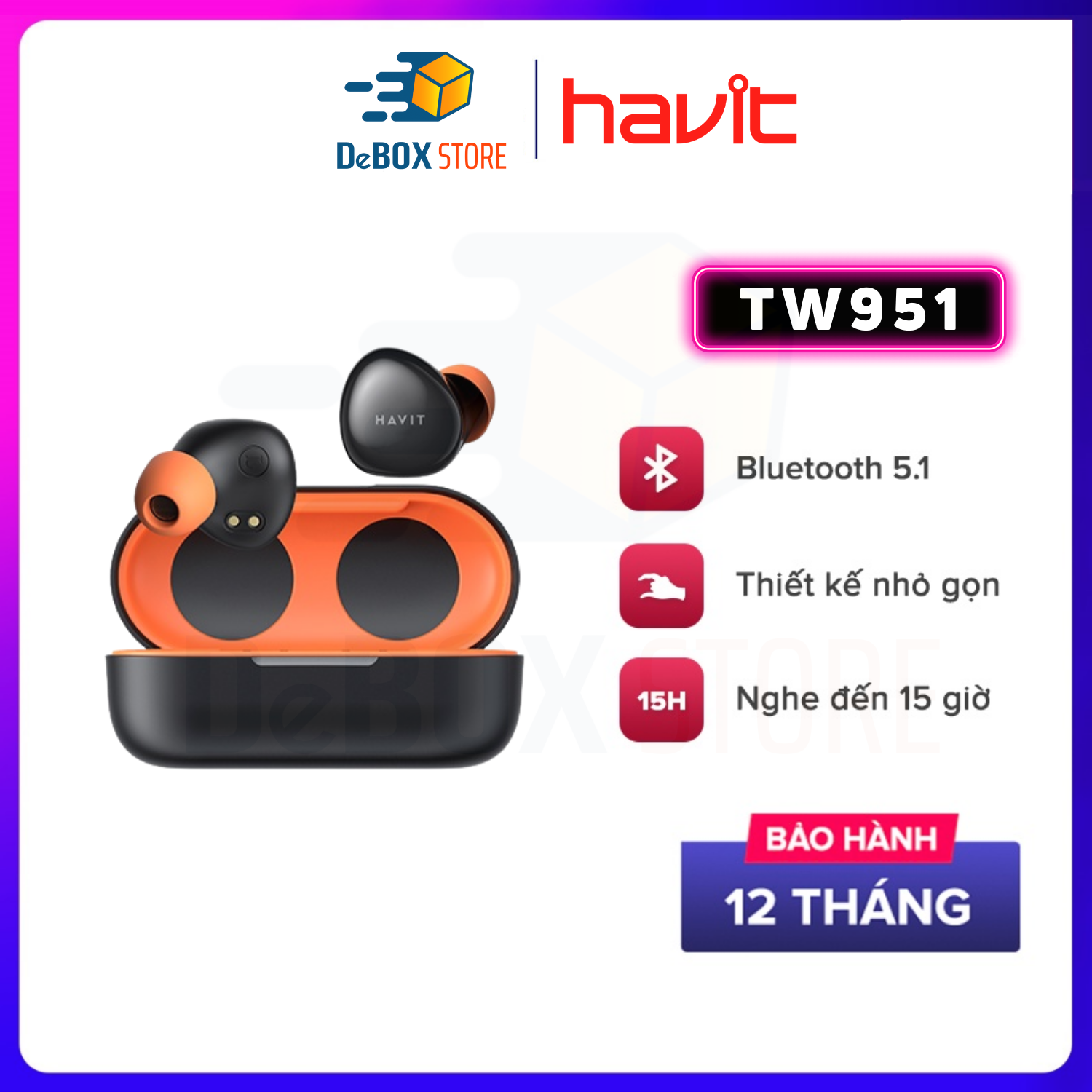 Tai Nghe Bluetooth TWS HAVIT TW951, BT 5.1, Màu Sắc MODERN RETRO, Điều Khiển Cảm Ứng, Nghe Đến 15H - Hàng Chính Hãng