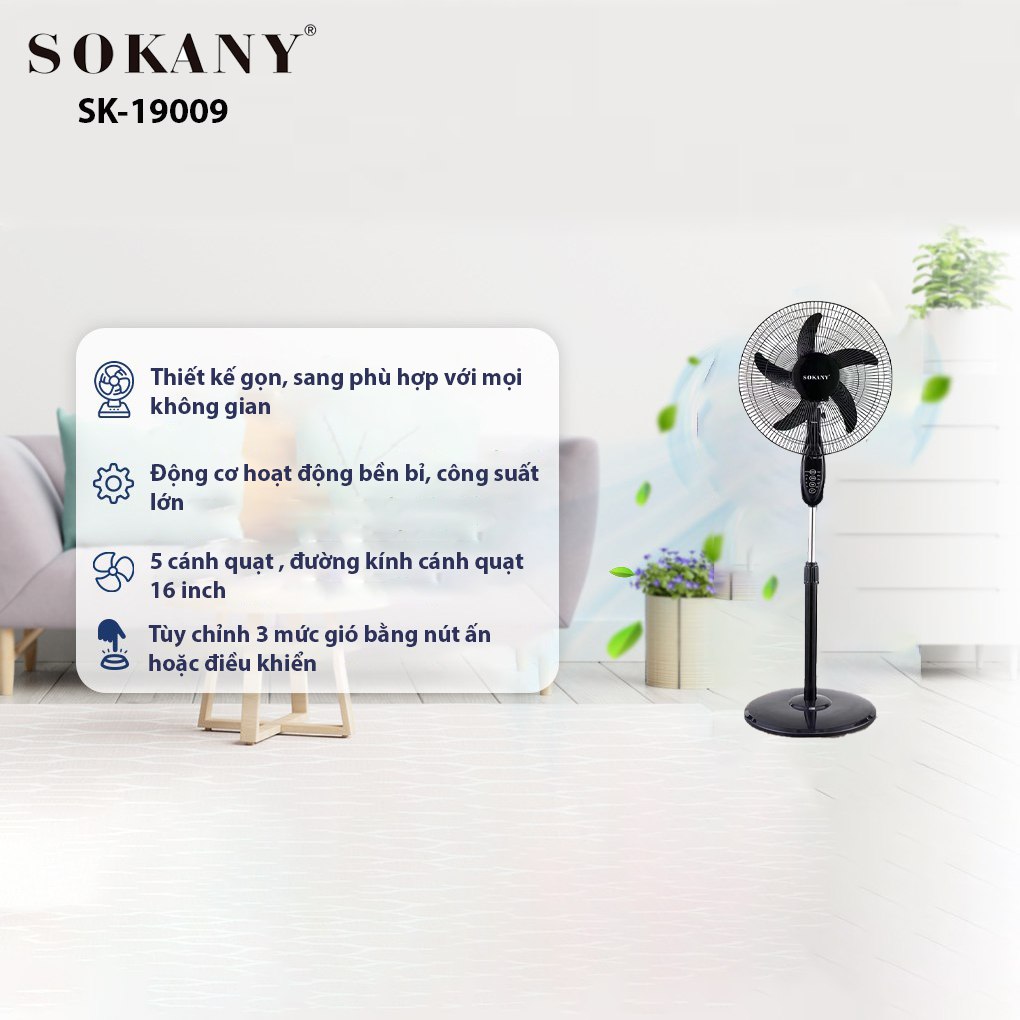 Quạt Cây Đứng SOKANY SK-19009 Có Điều Khiển Từ Xa, Thời Gian Hẹn Giờ Từ 2-8 tiếng, Động Cơ Bền Bỉ, Quạt Êm Ái - HÀNG CHÍNH HÃNG