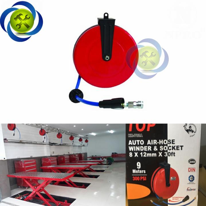 Cuộn dây hơi treo tự rút 9m TOP HR-702A ống 8mm x 12mm HỘP SẮT