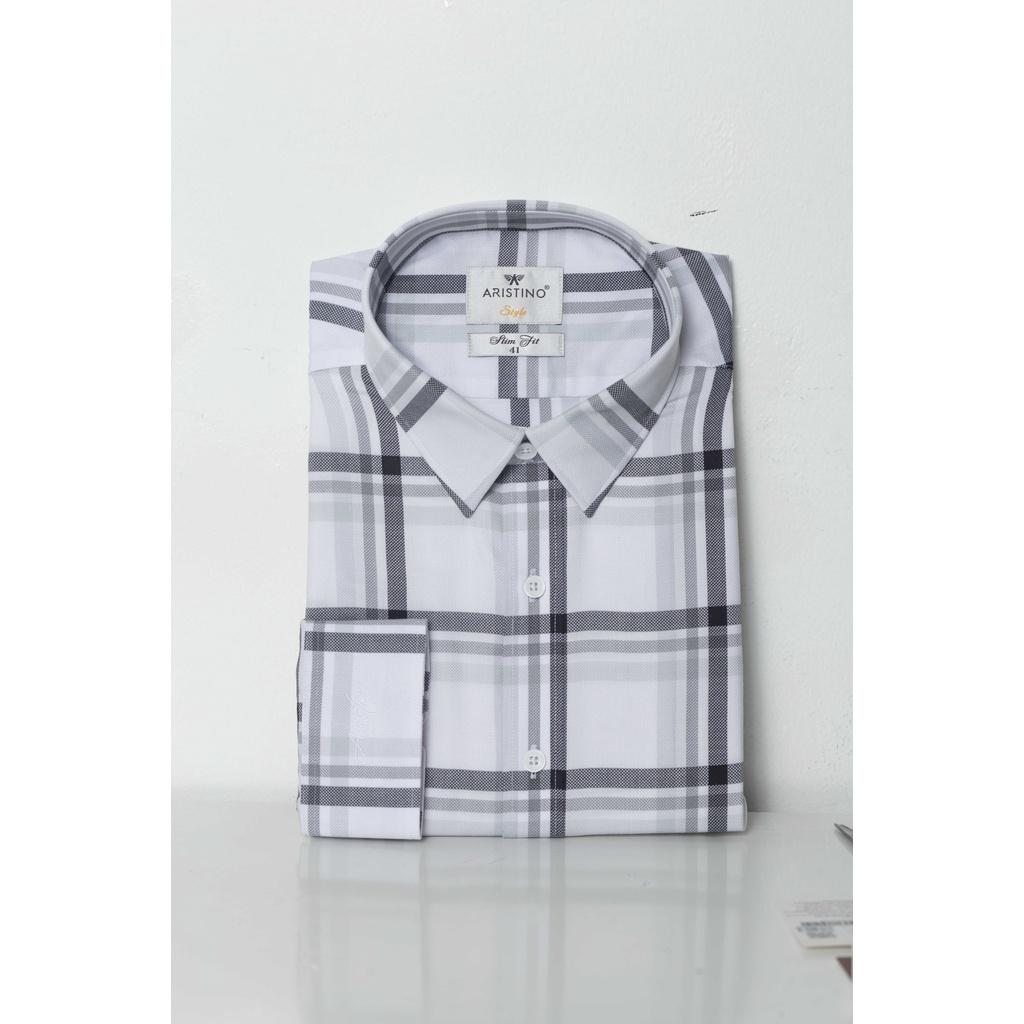 Áo sơ mi nam dài tay ARISTINO dáng Slim fit ôm vừa, hoạt tiết kẻ xám phối đen nam tính, lịch sự - ALS12601