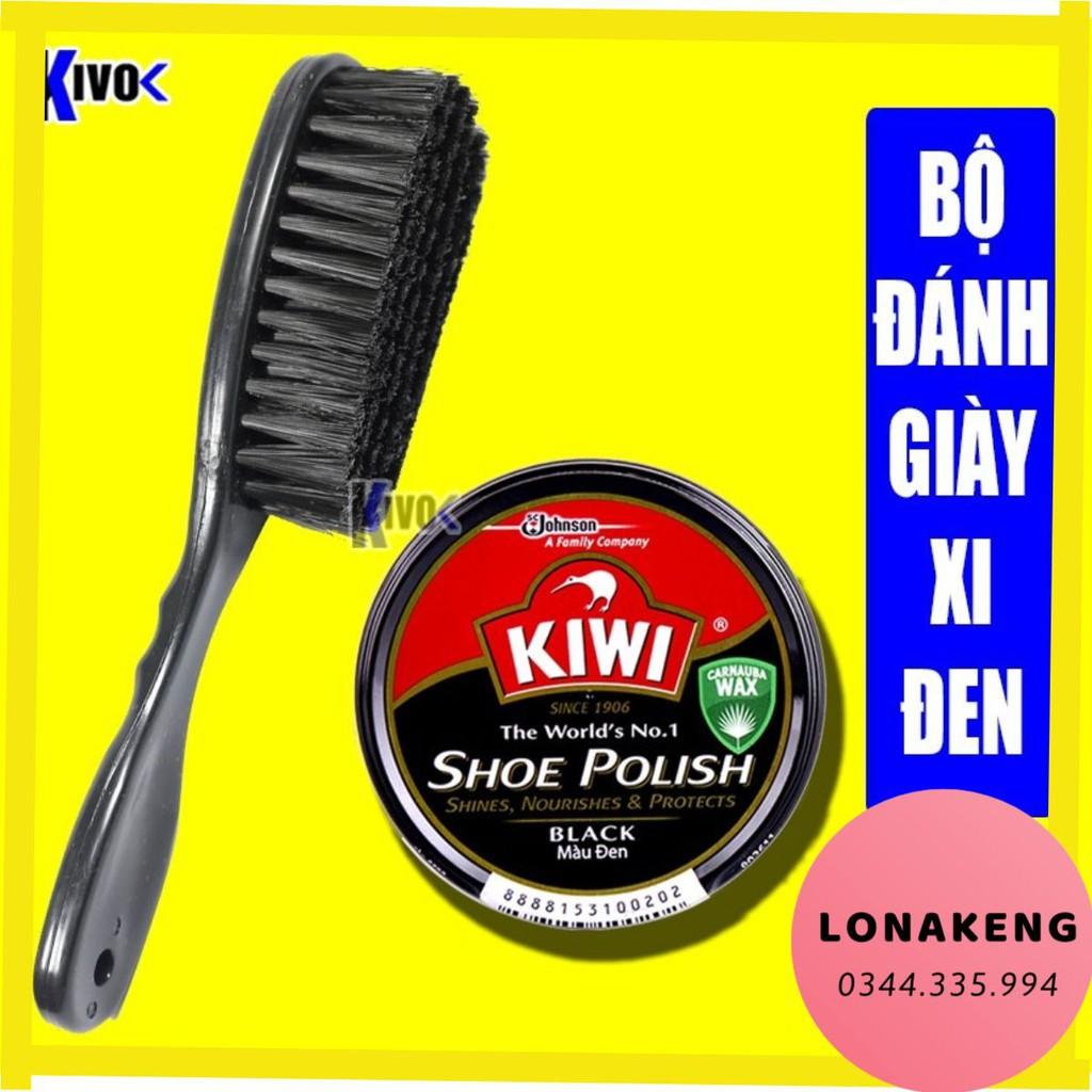 Combo 1 Xi Đánh Bóng Giày Đen Kiwi / Bàn Chải Đánh Giày Lông Ngựa CÁN DÀI - Đánh Bóng Da Lau Giày Sáp - Xi Đen 45ML