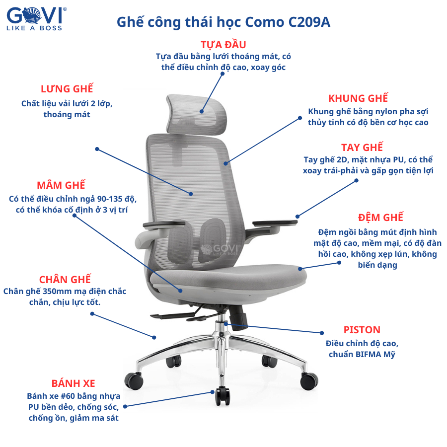Hình ảnh Ghế công thái học GOVI Como C209A - Tựa đầu điều chỉnh độ cao, tay ghế 2D, mâm ghế ngả 90-135 độ, khóa cố định 3 vị trí