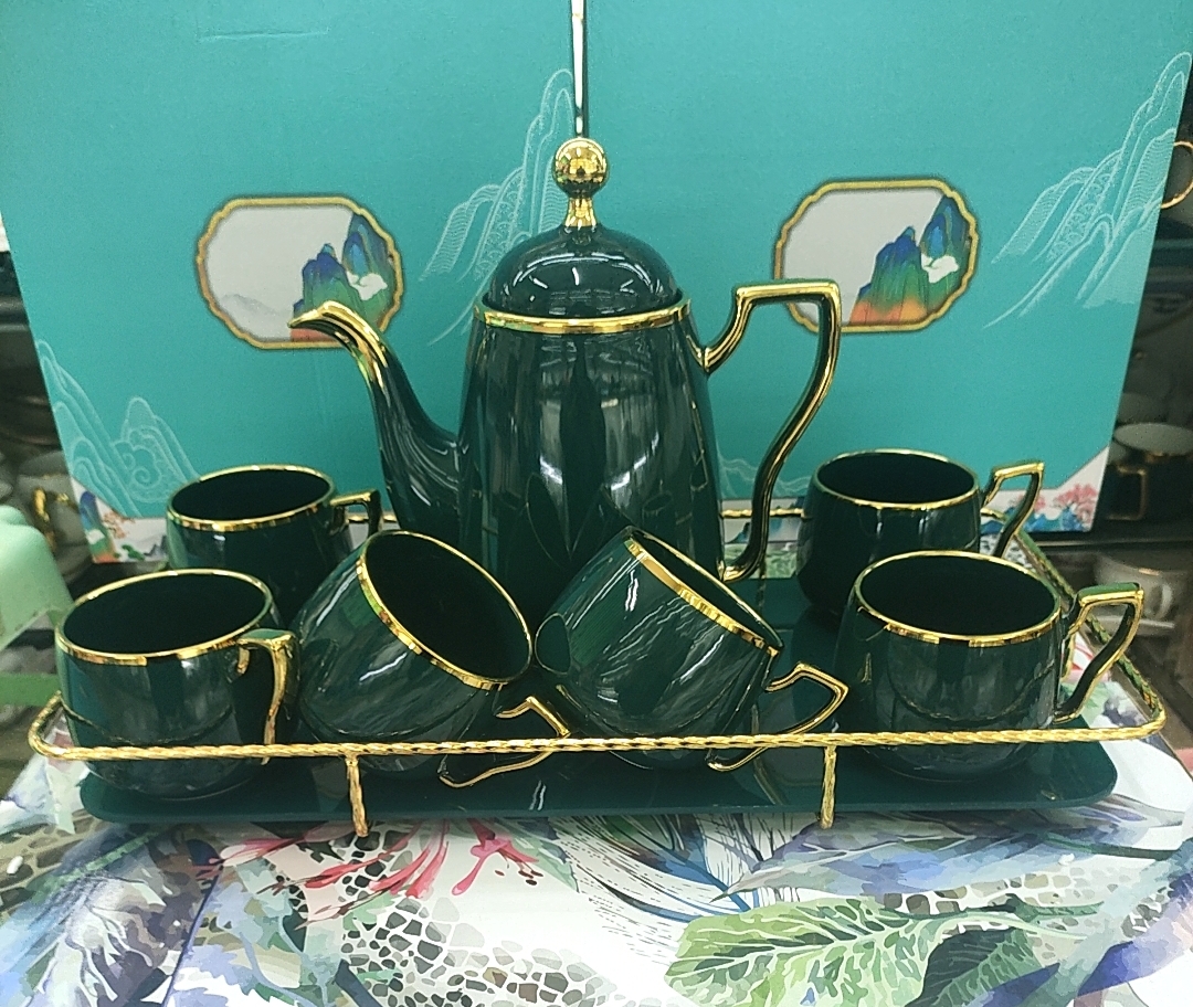 Bộ bình trà kèm khay màu xanh cổ vịt kèm khay tháo rời viền vàng cao cấp
