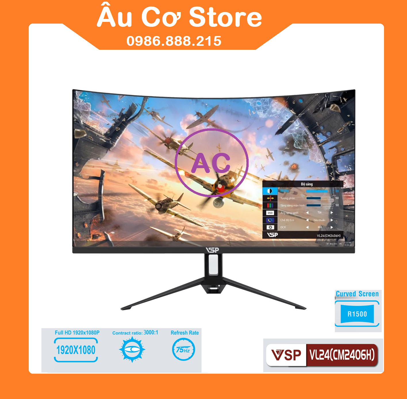 Màn hình máy tính LCD VSP VL24 Cong Full Viền (1920x1080, 75Hz, HDMI, VGA) - Hàng Chính Hãng