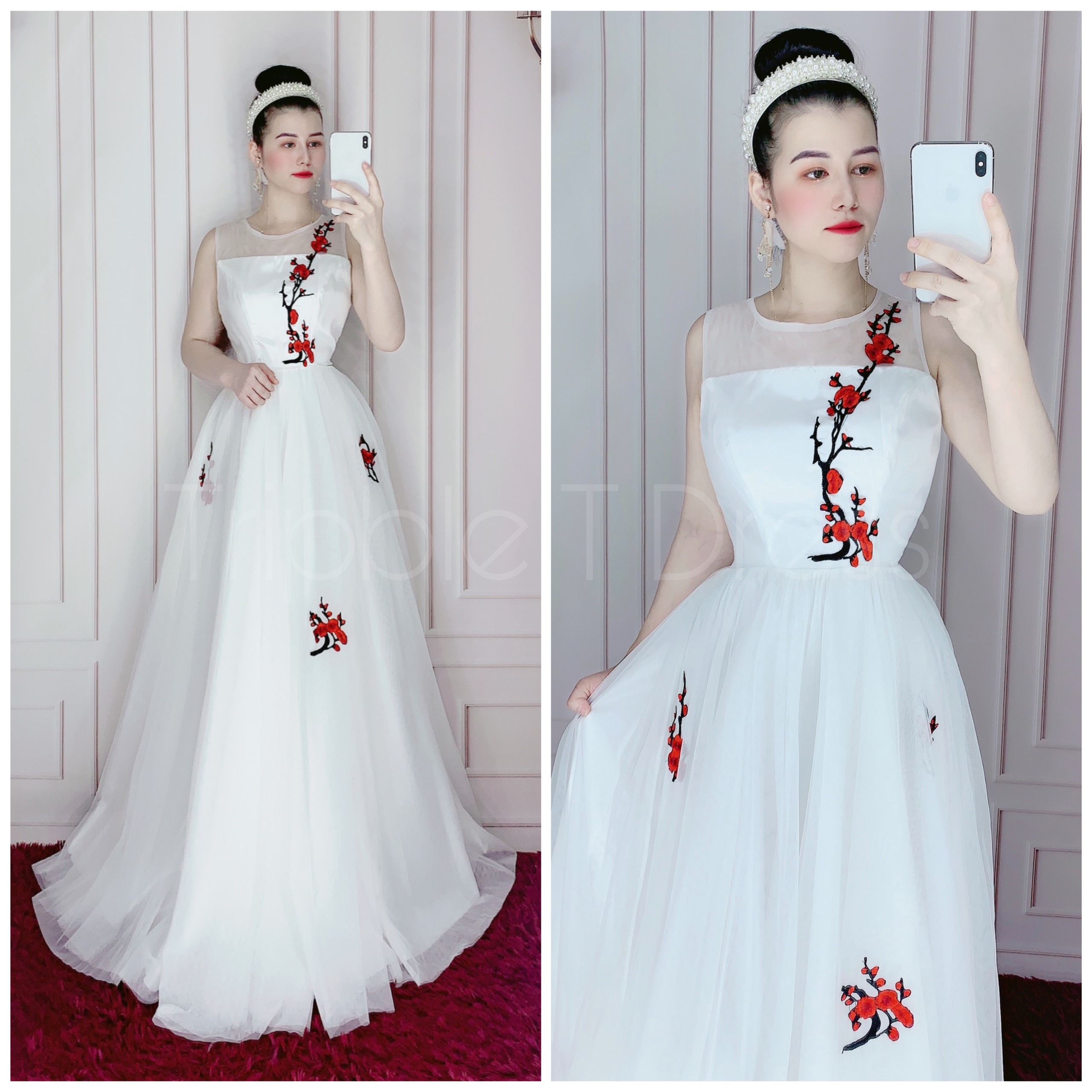 Đầm maxi dự tiệc mặc cưới hoa đào thêu sang trọng TRIPBLE T DRESS - size M/L - MS154Y