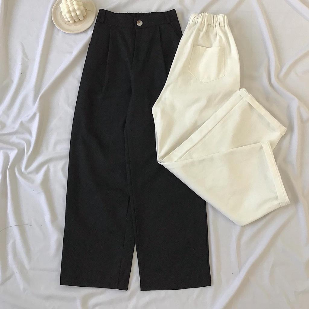 Quần Kaki Dáng Suông Cạp Cao Nữ Quần Ống Đứng Form Rộng Lưng Chun ACHE Phong Cách Ulzzang Chuẩn Hàn 2 Màu Trắng Đen 2778